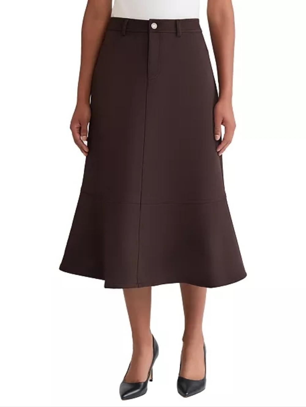 Jones New York Faux Suede Rich Chocolate Brown Seamed Flared A-Line Midi Skirt 6